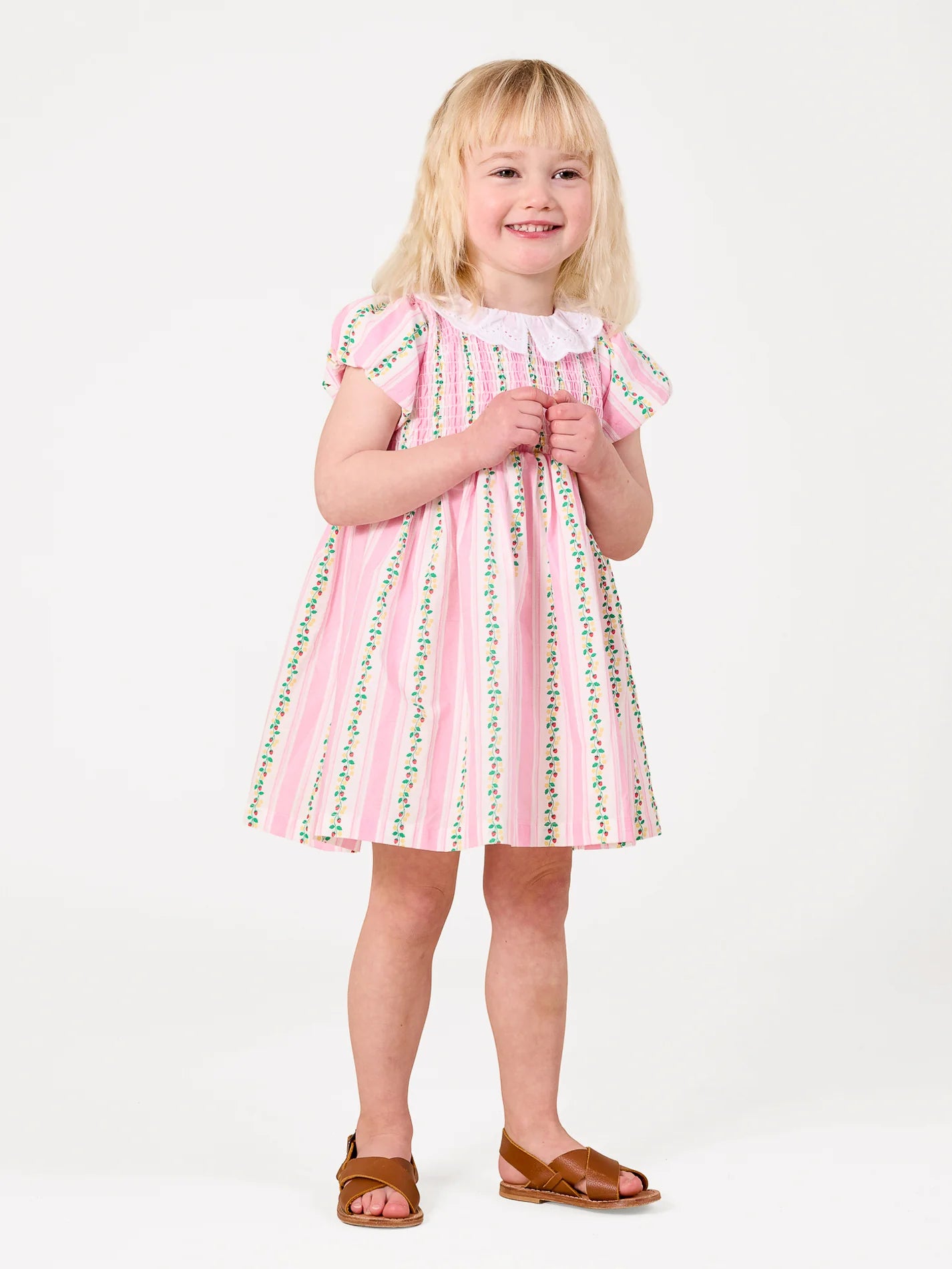Goldie + Ace Antique Stripe Strawberry Flo Smocked Dress Pink/ Antique White