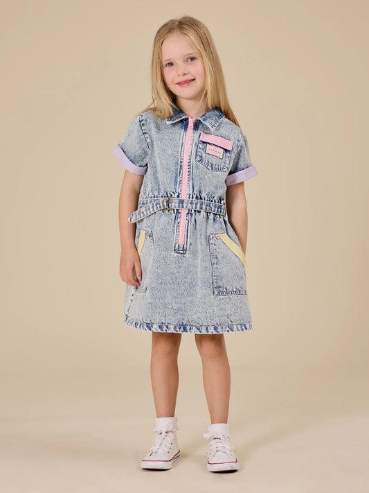 Goldie + Ace Pastel Pop Piper Denim Belted Dress Light Denim