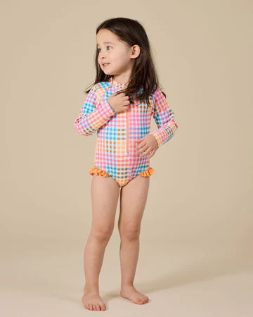 Goldie + Ace Rainbow Gingham Long Sleeve Frill Swimsuit Multi