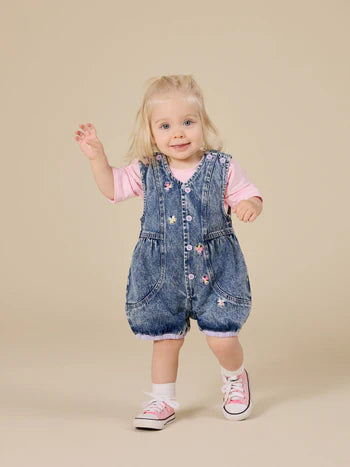 Goldie + Ace Nina Pastel Petals Denim Romper Dark Denim