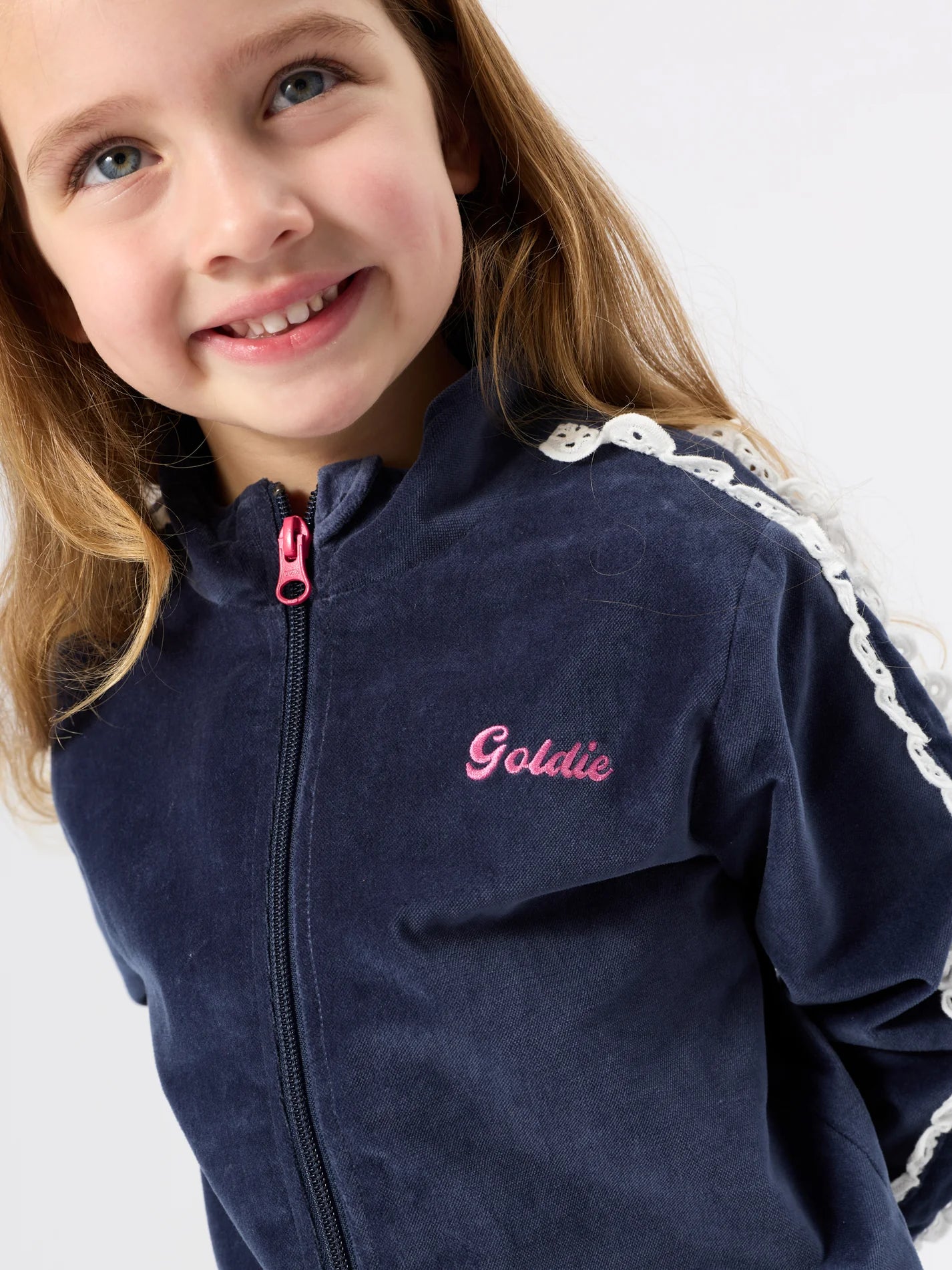 Goldie + Ace Velour Broderie Sweat Jacket Navy