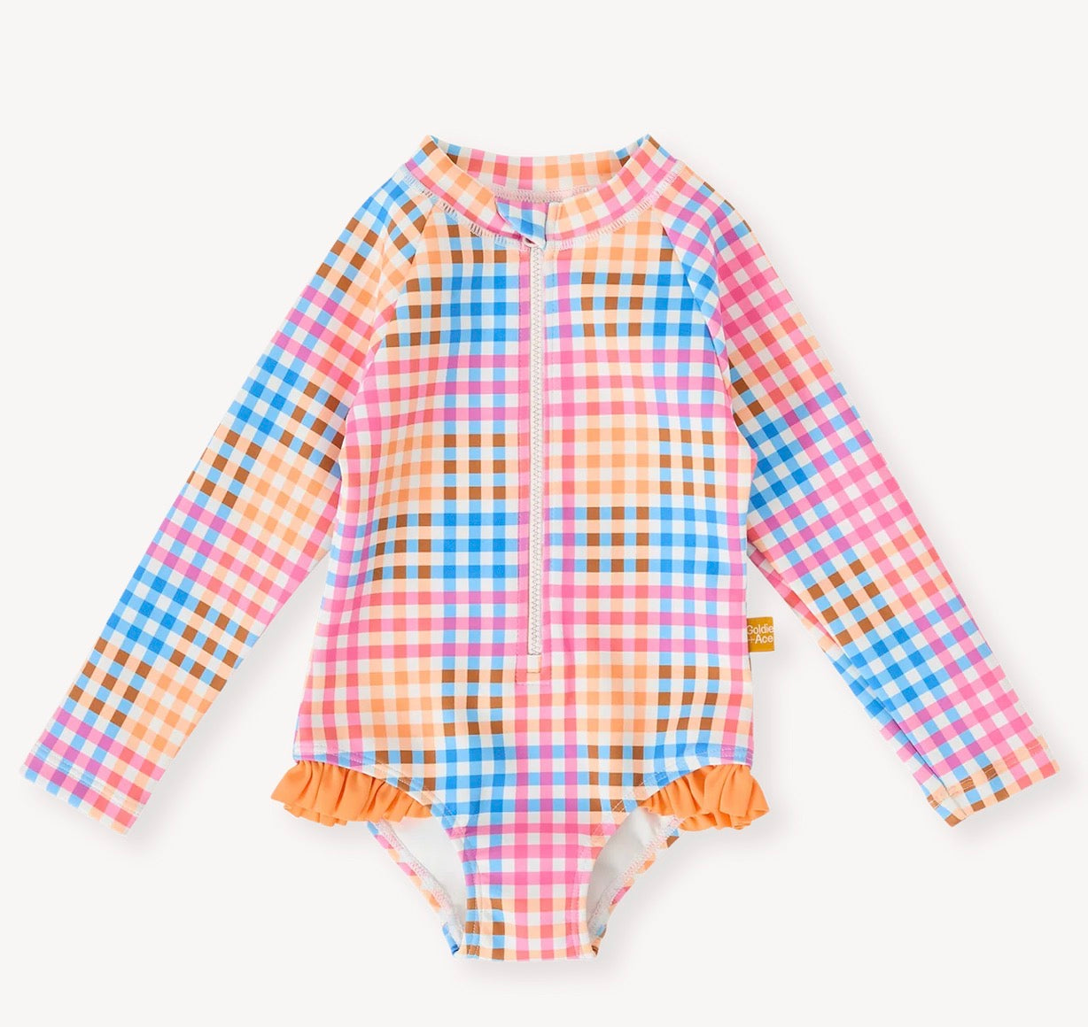 Goldie + Ace Rainbow Gingham Long Sleeve Frill Swimsuit Multi
