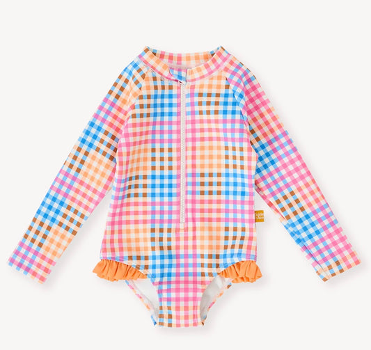 Goldie + Ace Rainbow Gingham Long Sleeve Frill Swimsuit Multi