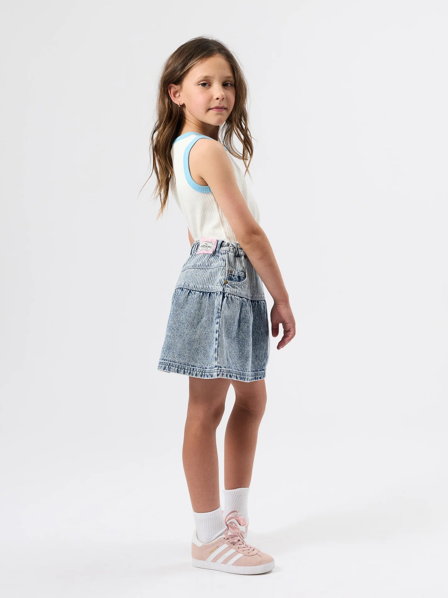 Goldie + Ace Pinstripe Peplum Denim Skirt Light Denim