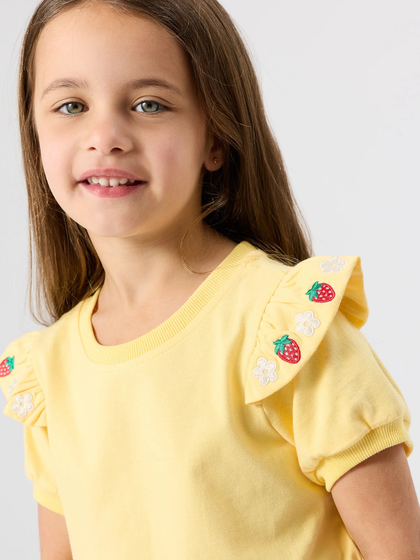 Goldie + Ace Flounce Shoulder Strawberry Top Yellow
