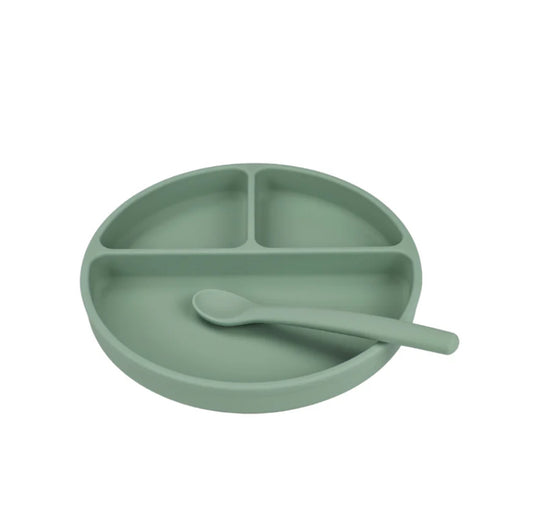 Little Eli - Silicone Suction Plate & Bendable Spoon & Storage bag - Light fern