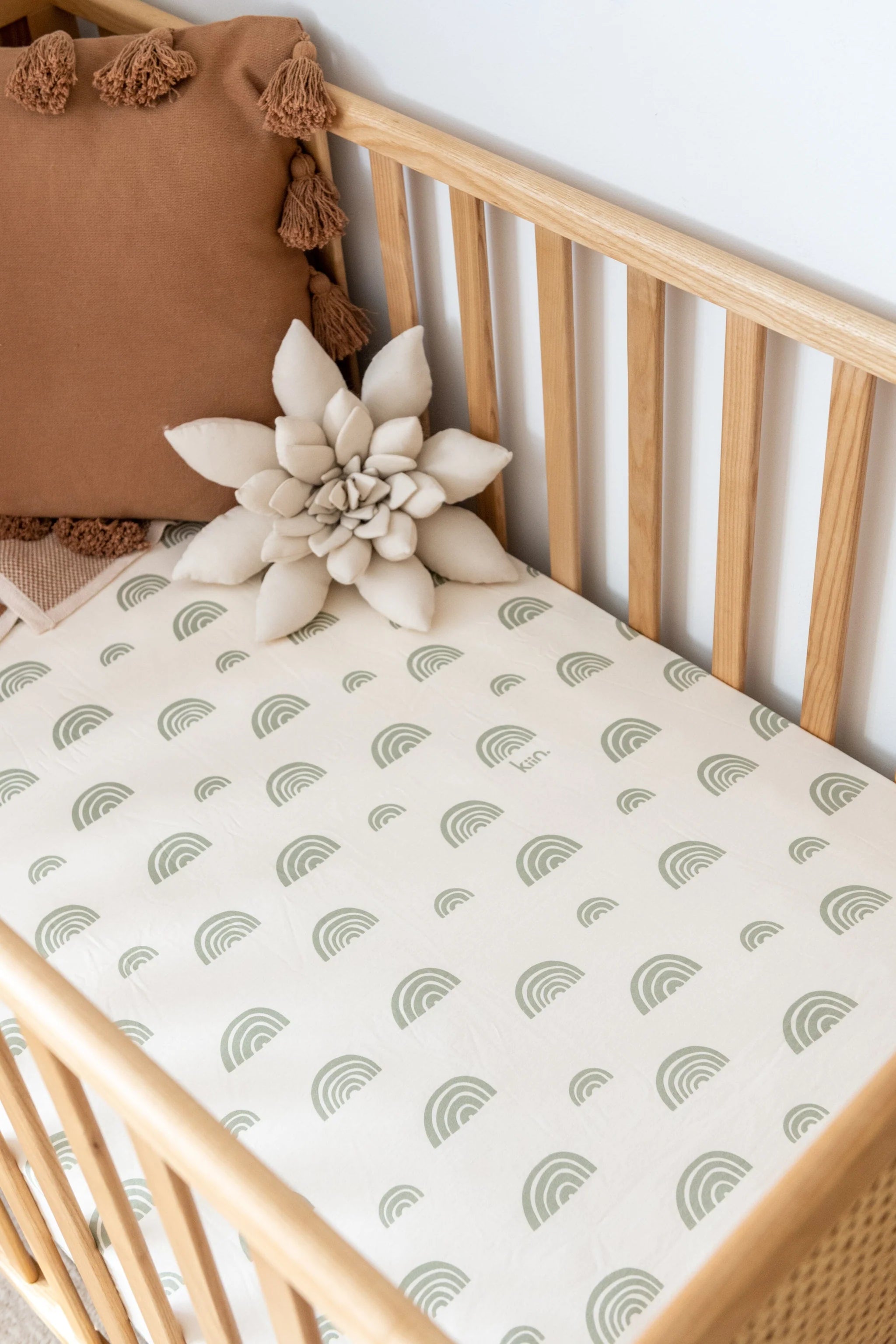 Kiin Organic Jersey Cotton and Bamboo Fitted Cot Sheet Rainbow Ivory Sage