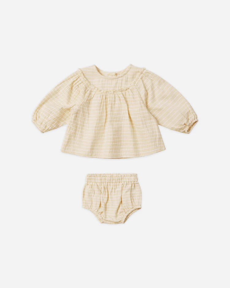 Quincy Mae Mia Top + Bloomer Set Lemon Stripe