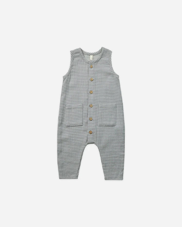 Quincy Mae Sleeveless Pocketed Jumpsuit Blue Gingham