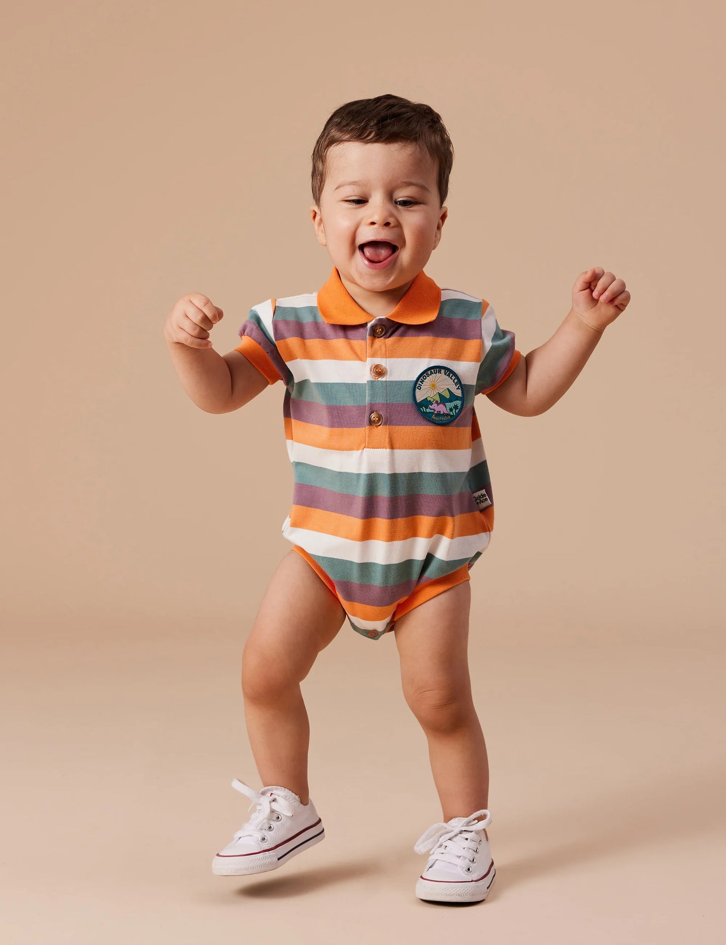 Goldie + Ace Dino Valley Nostalgia Stripe Polo Romper Golden Multi