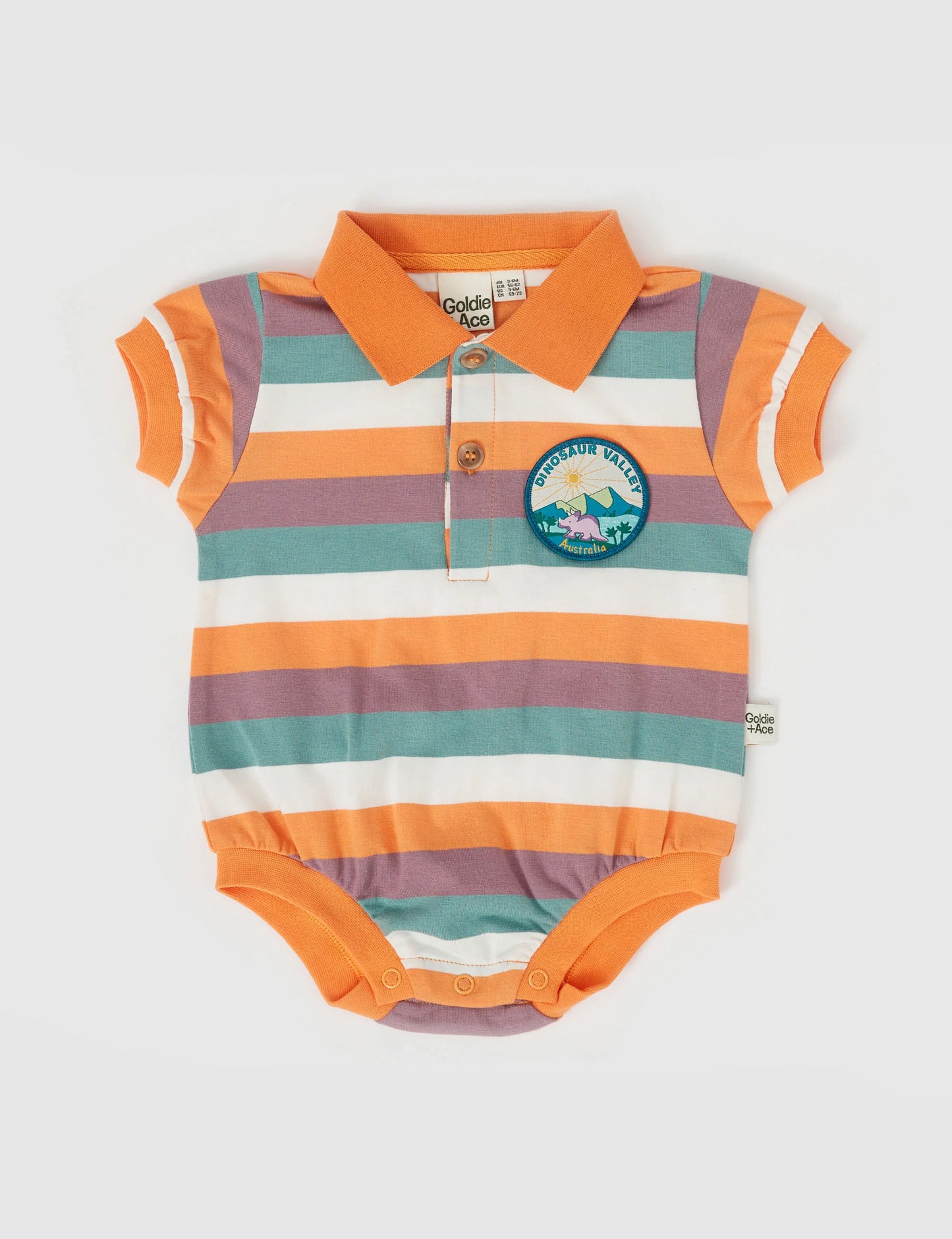 Goldie + Ace Dino Valley Nostalgia Stripe Polo Romper Golden Multi