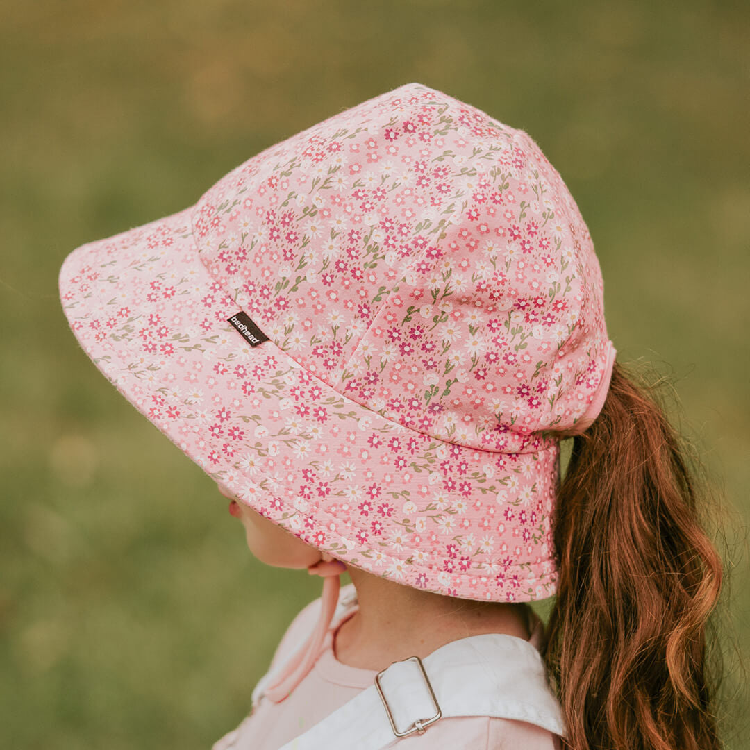 Bedhead hats Kids Ponytail Bucket Sun Hat - Floral BridgetteUPF50+ Ponytail Bucket Sun Hat with Chin Strap