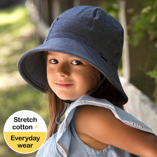 Bedhead hats Kids Ponytail Bucket Sun Hat - Denim UPF50+ Ponytail Bucket Sun Hat with Chin Strap