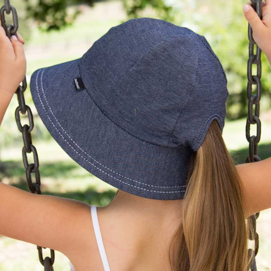 Bedhead hats Kids Ponytail Bucket Sun Hat - Denim UPF50+ Ponytail Bucket Sun Hat with Chin Strap