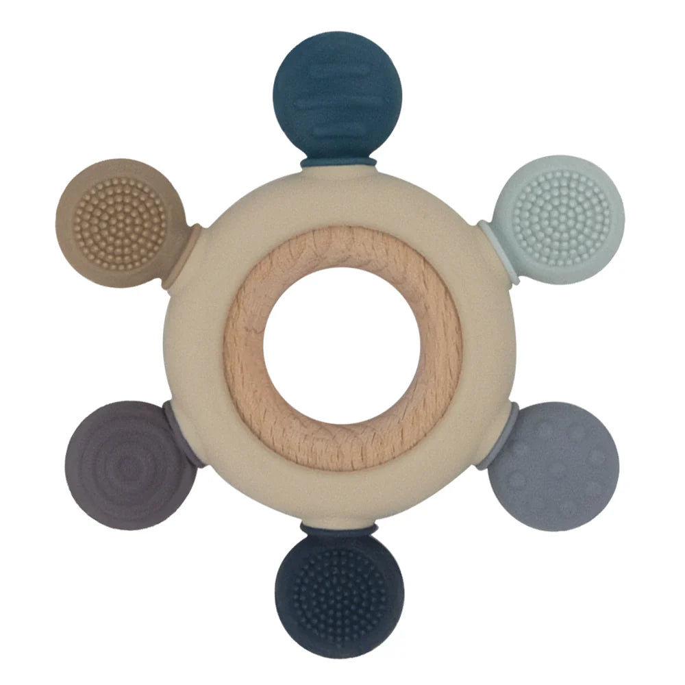 Playground Silicone and Beechwood Multi-Surface Teething Wheel Steel Blue