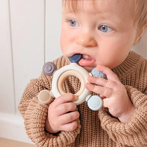 Playground Silicone and Beechwood Multi-Surface Teething Wheel Steel Blue