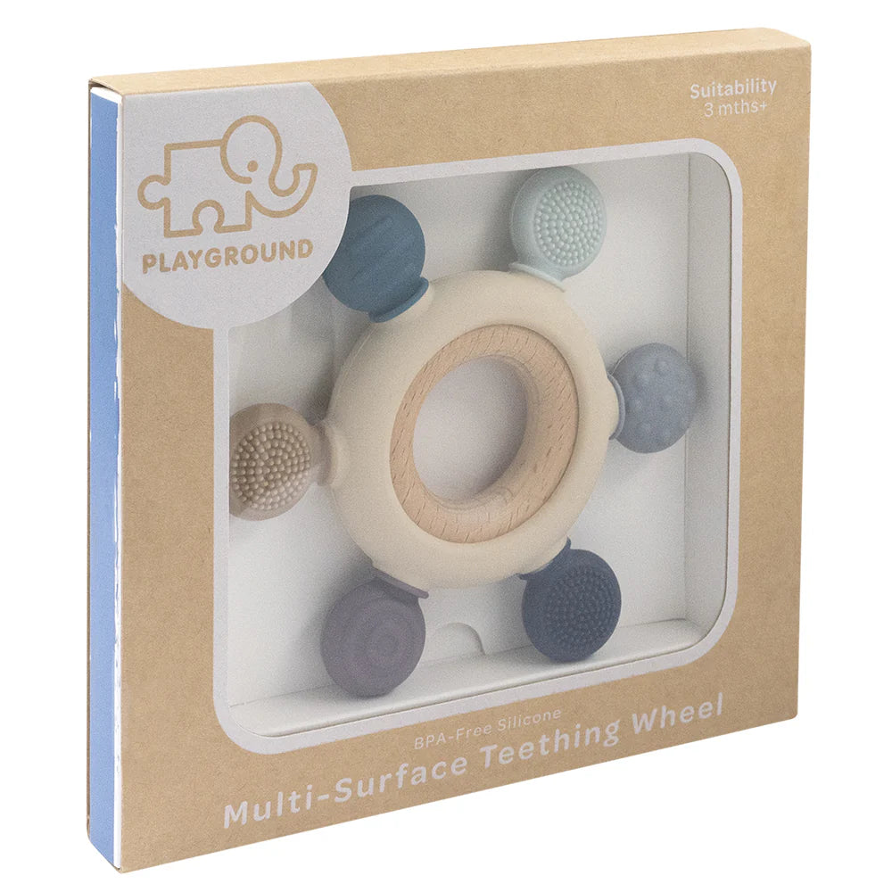 Playground Silicone and Beechwood Multi-Surface Teething Wheel Steel Blue