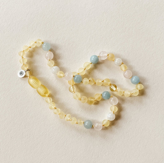 SeedsoftheSun - Amber Bracelet Bebe/Rose Quartz, Moonstone,Aquamarine and Lemon