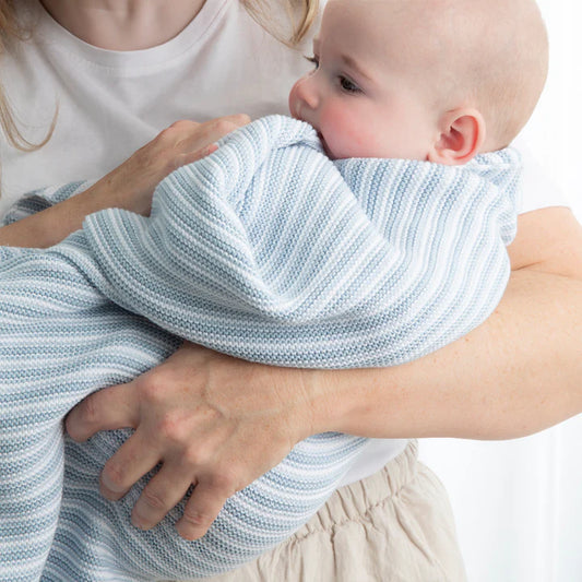 Baby Blanket 100% Cotton Knit Blanket Blue Stripe
