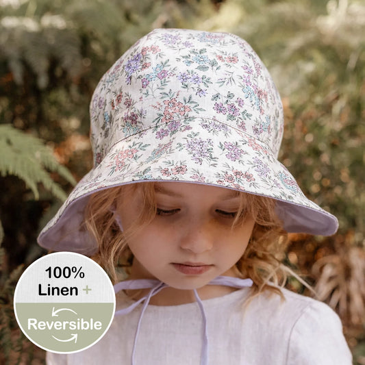 Bedhead hats 'Wanderer' Panelled Bucket Sun Hat Laura/Viola -   100% LINEN, REVERSIBLE & UPF50+ EXCELLENT PROTECTION