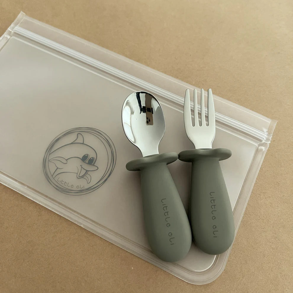 Little Eli - Silicone and Stainless Steel Toddler Cutlery Set - Olive Green