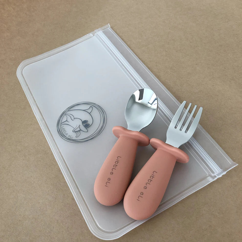 Little Eli - Silicone and Stainless Steel Toddler Cutlery Set - Cherry Blossom