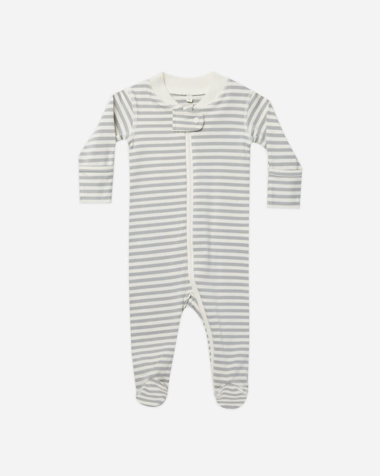 Quincy Mae Zip Long Sleeve Footie - Dusty Blue Stripe