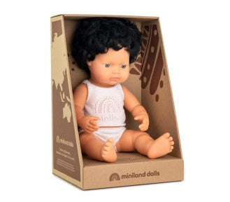 Miniland Doll Anatomically Correct Baby, Caucasian Black Curly Hair Boy 38cm