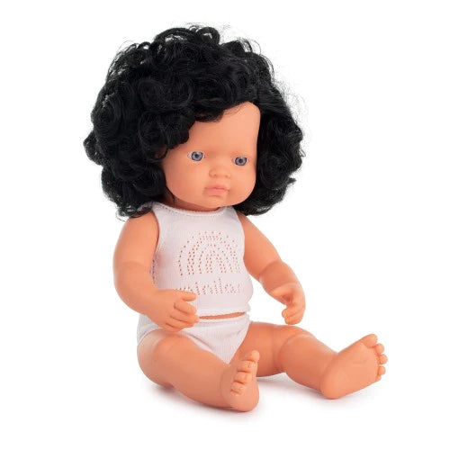 Miniland Doll Anatomically Correct Baby, Caucasian Black Curly Hair Girl 38cm
