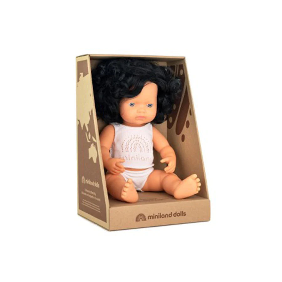 Miniland Doll Anatomically Correct Baby, Caucasian Black Curly Hair Girl 38cm